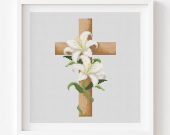 Kruissteekpatroon Instant PDF downloaden - bloemen kruis aquarel witte lelie handborduurwerk religieus christelijk houtpatroon