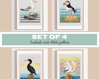 Seabirds Cross Stitch: Coastal bird, Nautical  design, Puffin, Pelican, Seagull, Cormorant (PDF Pattern)