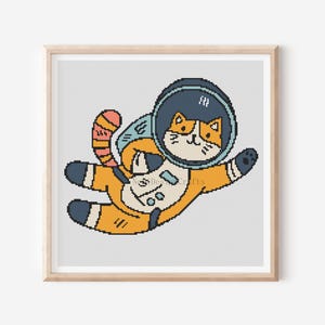 宇宙飛行士の猫のクロスステッチパターン、宇宙の自然、モダンなクロスステッチパターン、刺繍チャート、猫好きへのギフトパターン、PDFの即時ダウンロード