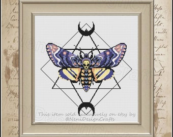 Death Moth Cross Stitch Pattern, Luna Moth, Moon Phase (PDF Pattern)
