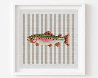 Coastal Fish Cross Stitch Pattern: Nautical Stripes, Rainbow trout fish (Digital Download)