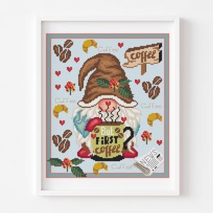 Coffee gnome 2 Cross stitch pattern Coffe cross stitch Gnomes pattern Breakfast pattern Kitchen cross stitch Home decor Wall decor DiY gnome