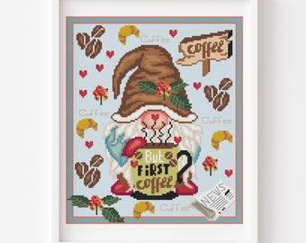 Coffee Gnome Cross Stitch Pattern, Kitchen Home Decor (PDF Pattern)
