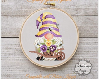 Spring garden gnome Cross stitch pattern Gnome cross stitch Pansy flower Cute gnome Home decor Cute gnome Wall decor Garden gnome pattern