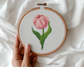 Pink Tulip Cross Stitch Pattern, Mini Floral Embroidery (PDF Pattern)