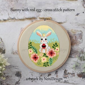 Bunny with Red Egg Cross stitch pattern Easter cross stitch Egg cross stitch Easter pattern Easter egg Easter egg with bunny Red egg pattern
