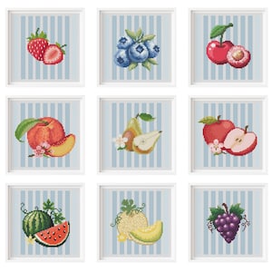 May include: A set of nine square cross-stitch patterns featuring various fruits including strawberries, blueberries, cherries, peaches, pears, apples, watermelon, cantaloupe, and grapes, all set against a light blue and white vertical striped background.