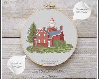 Lighthouse Cross Stitch, Big Bay Point lighthouse, Michigan travel, Home Decor (PDF Pattern)