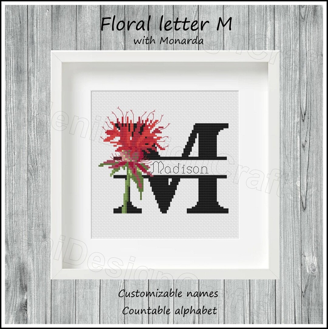 Floral Letter M Cross Stitch Pattern Customizable Names Countable