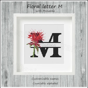 Letra M floral Patrón de punto de cruz Nombres personalizables Alfabeto contable Punto de cruz del alfabeto Punto de cruz de nombres Decoración del hogar Decoración de pared