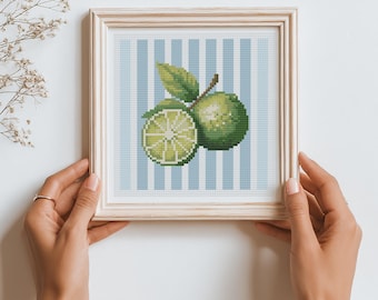 Patrón de punto de cruz con rayas de lima, fruta exótica, decoración de cocina, diseño retro de frutas (PDF)