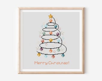 Merry Christmas Tree Cross Stitch Pattern, Lights, Modern (PDF)