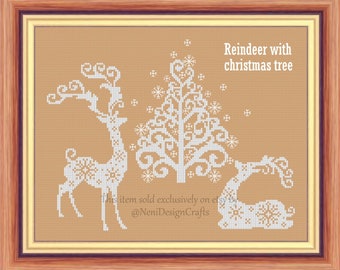 Reindeer with Christmas tree 2 Cross stitch pattern Christmas decoration Reindeer cross stitch Christmas decoration DIY christmas pattern