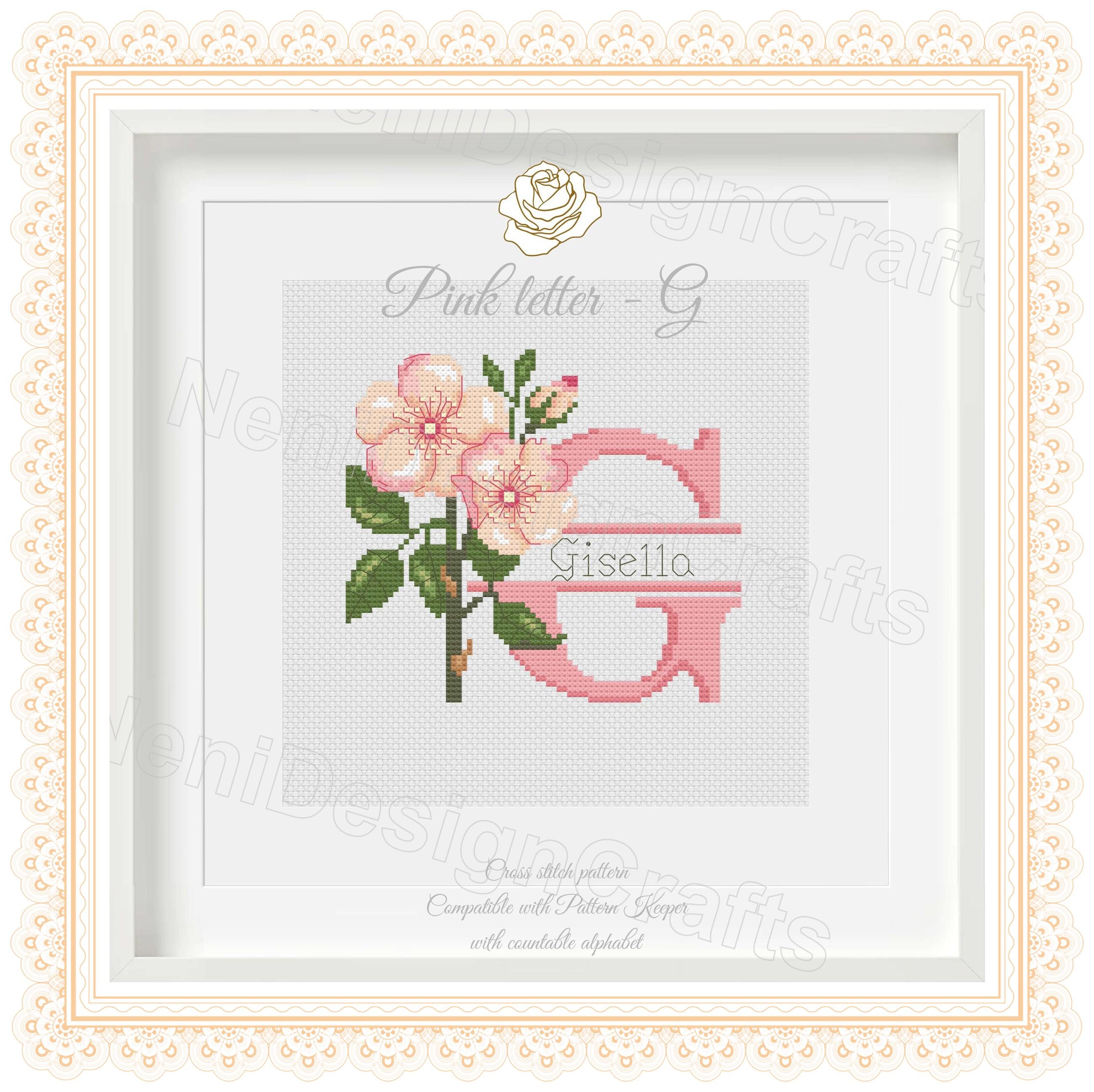 Floral Letter G Cross Stitch Pattern: Alphabet Monogram, Pink 