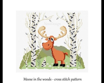 Moose in the woods cross stitch pattern Forest animal cross stitch Nursery decoration Animal cross stitch Cute animal pattern DIY Moose