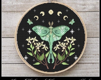 Luna Moth and Clematis recta 2 Cross stitch pattern Moth cross stitch Moon phase cross stitch Floral luna moth DIY Home decor Insect pattern