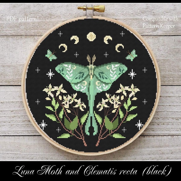 Luna Moth and Clematis recta 2 Cross stitch pattern Moth cross stitch Moon phase cross stitch Floral luna moth DIY Home decor Insect pattern