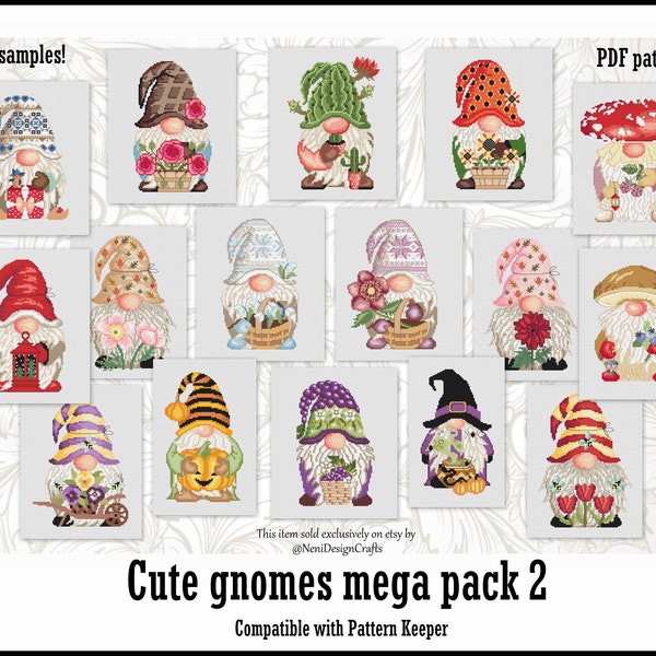 Cute Gnomes mega pack 2 Cross stitch pattern Christmas gnome Garden gnomes Fruit gnome Home decor Mushroom gnome Halloween gnomes Wall decor