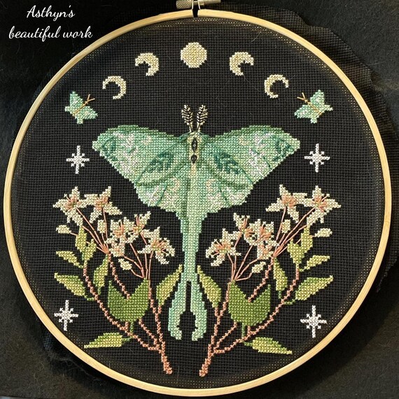 Luna Moth Cross Stitch, Clemati Flower, Moon Phase, Home Decor