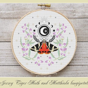 Moth and Flowers Cross stitch pattern Moth pattern Jersey Tiger moth Moon cross stitch Flower moth DIY Home decor Insect pattern Moon phase