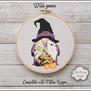 May include: A cross-stitch pattern of a purple and white witch gnome holding a cauldron with green liquid and spiders. The gnome is wearing a black hat with a purple band and has a white beard. The pattern is compatible with Pattern Keeper.