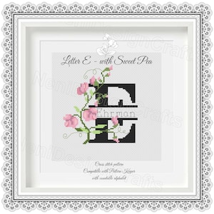 Letra E con guisante de olor Patrón de punto de cruz Nombres personalizables Patrón contable Nombre del alfabeto Punto de cruz Decoración del hogar Regalos personales