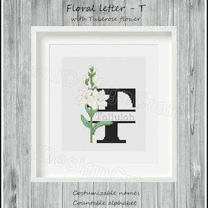 Letra T floral Patrón de punto de cruz Nombres personalizables Alfabeto contable Punto de cruz del alfabeto Punto de cruz de nombres Decoración del hogar Decoración de pared