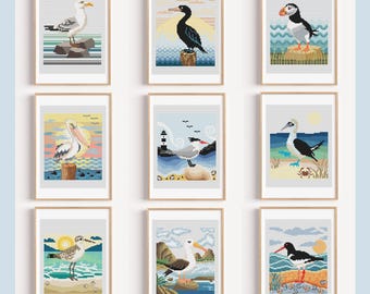 Birds Bundle, Modern art bird, Set of 9 Modern embroidery, Sea animals (PDF pattern)