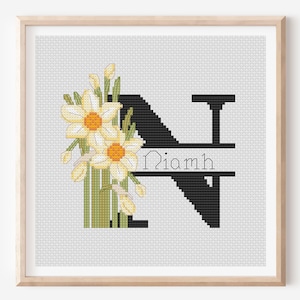 Kreuzstich-Muster Buchstabe N: Narzisse Blume, Initiale Alphabet (PDF-Muster)