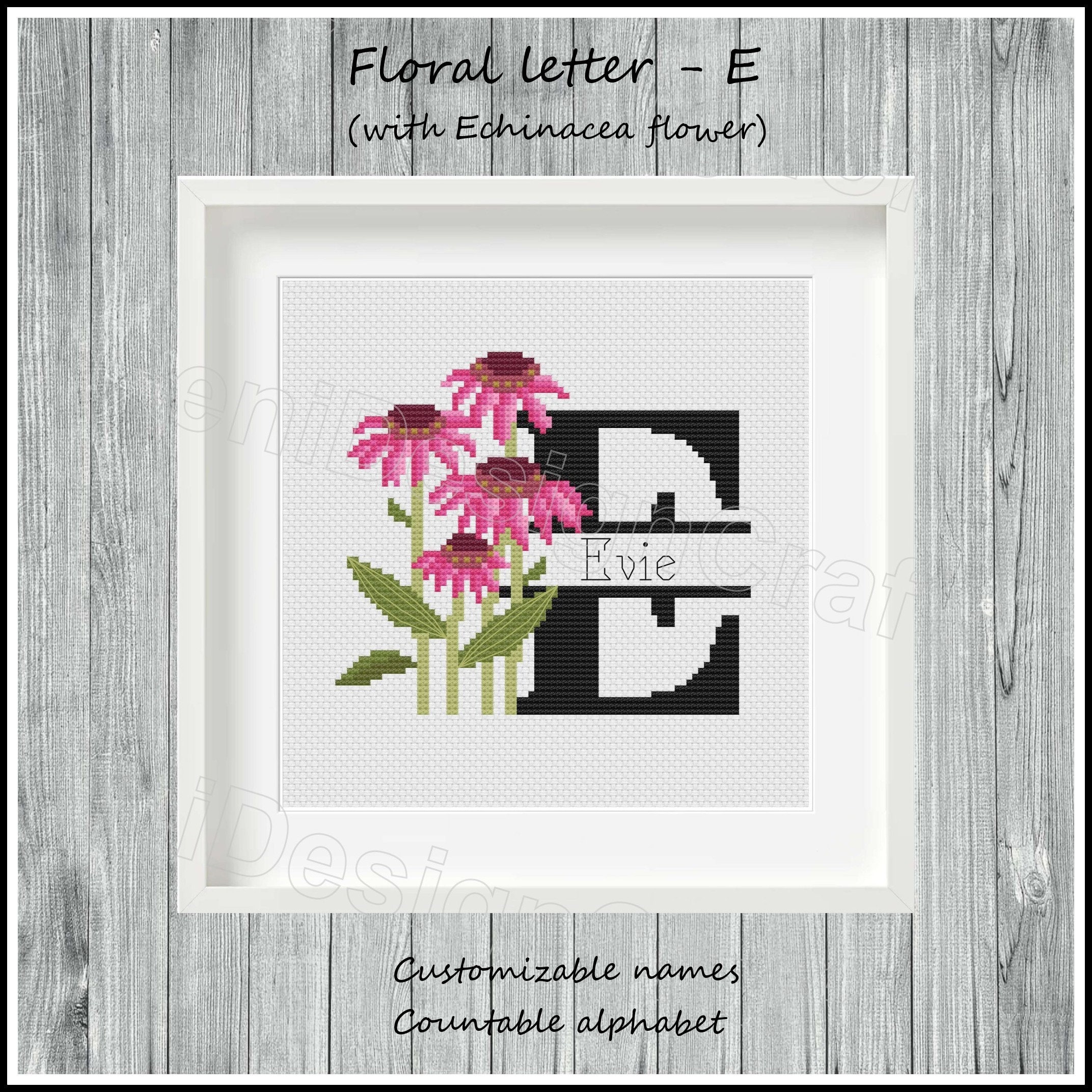 Floral Letter E Cross Stitch Pattern: Customizable Name Alphabet (PDF ...