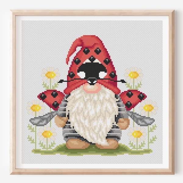 Gnome & Ladybug Cross Stitch Pattern, Modern Embroidery (PDF Pattern)