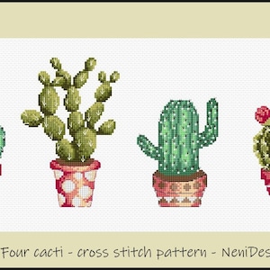 May include: Cross stitch pattern featuring four cacti in pots. The cacti are green and have different shapes and sizes. The pots are red, white, and brown with polka dots and geometric patterns. The text "Four cacti - cross stitch pattern - NeniDesign" is at the bottom of the image.