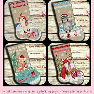 4 cute animal christmas stocking, cross stitch pattern, cross stitch christmas stocking, animal cross stitch, cross stitch package christmas image 1