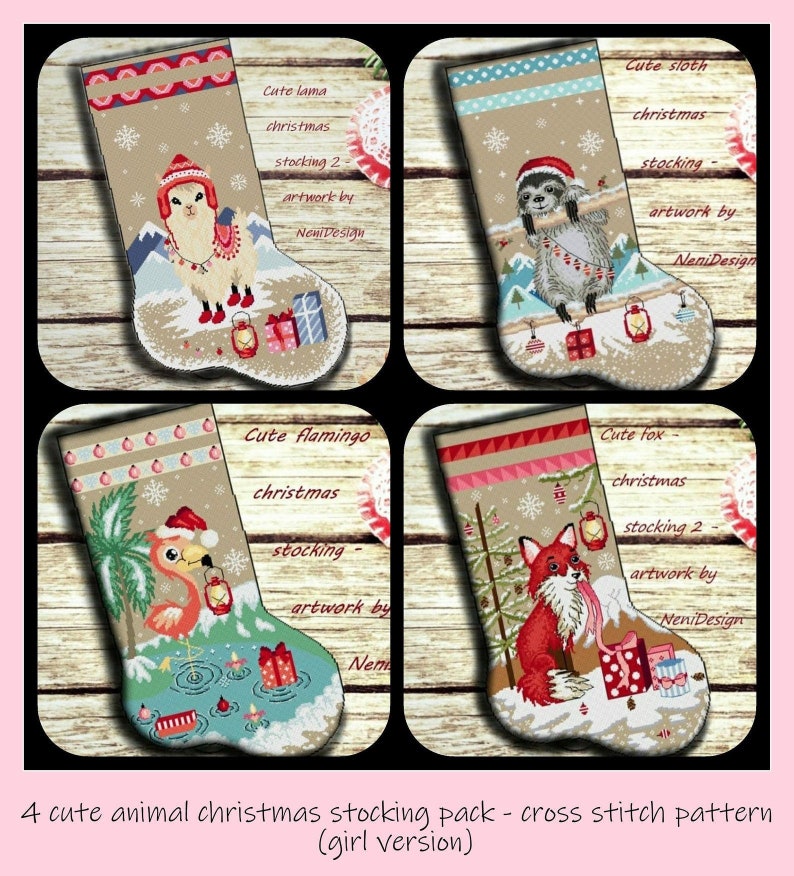 4 cute animal christmas stocking, cross stitch pattern, cross stitch christmas stocking, animal cross stitch, cross stitch package christmas image 1