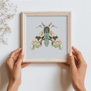 May include: Cross-stitch artwork of a moth in a light wooden frame. The moth features a detailed design with shades of green, pink, and cream. The artwork is displayed against a light gray background, creating a soft, neutral aesthetic.