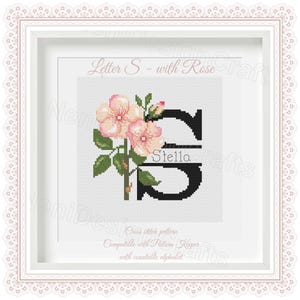 Patrón de punto de cruz con letras Letra S con rosa Nombres personalizables Patrón contable Nombre del alfabeto Punto de cruz Decoración del hogar Regalos personales