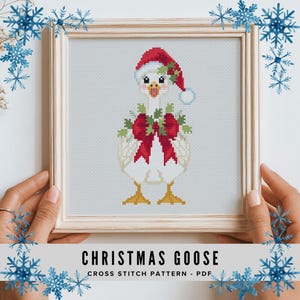 Christmas Goose Cross stitch pattern, Red Bow, Santa hat, Easy Beginner DIY (PDF Pattern)