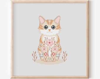 Floral Kitten Cross Stitch Pattern, Summer Cat Embroidery (PDF Pattern)