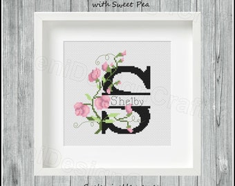 Floral letter S Cross stitch pattern Customizable names Countable alphabet Alphabet cross stitch Name cross stitch Home decor Wall decor