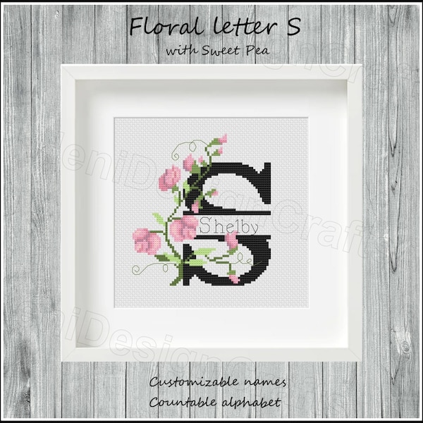 Floral letter S Cross stitch pattern Customizable names Countable alphabet Alphabet cross stitch Name cross stitch Home decor Wall decor