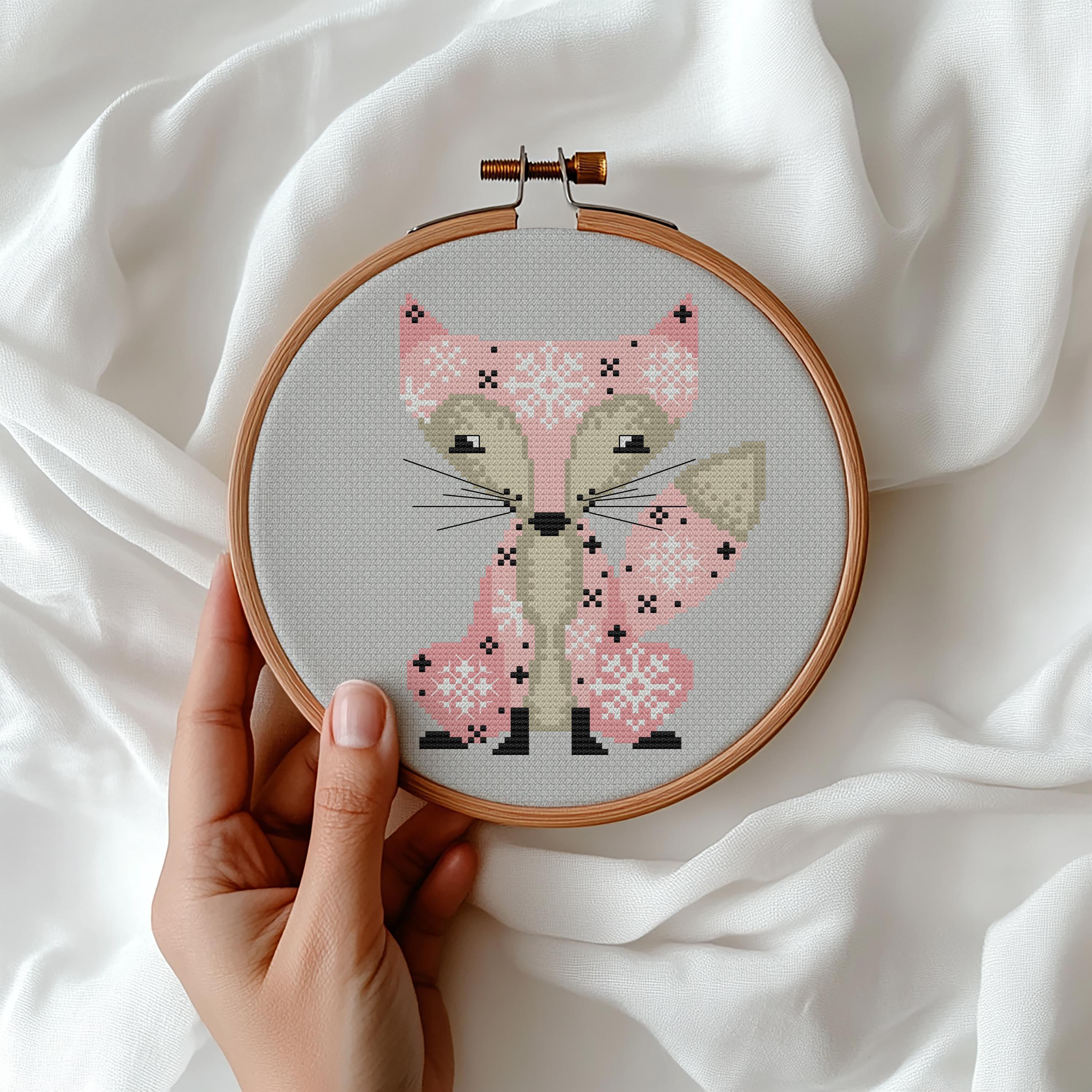 Fox Cross Stitch Pattern, Winter Snowflake, Forest Animals, Pink