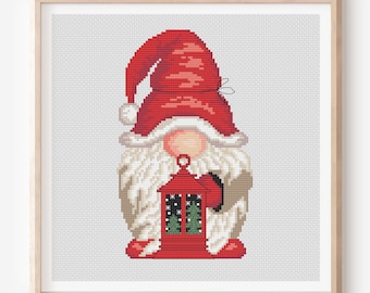 Santa Gnome with Lantern Cross Stitch Pattern (PDF Pattern)