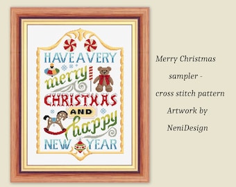 Merry Christmas Sampler Cross Stitch Pattern, Typography (PDF Pattern)