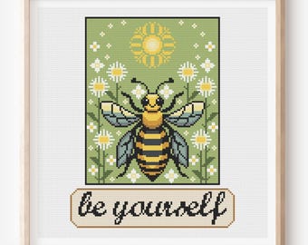 Bee Yourself: kruissteek, positieve citaten, bijenliefhebbers, bloemenweide (pdf-patroon)