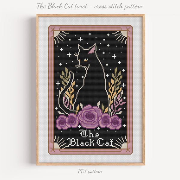 Black Cat Tarot Card Cross Stitch Pattern, Roses, Stars (PDF Pattern)