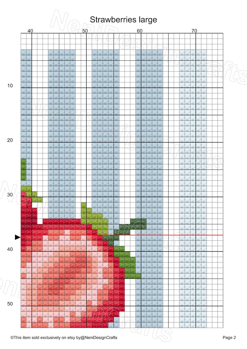 May include: Cross-stitch pattern titled "Strawberries large" with a grid background and a large, pixelated strawberry. The strawberry is red with green leaves. The text "Strawberries large" is at the top. The text "This item sold exclusively on etsy by @NeniDesignCrafts" is at the bottom.