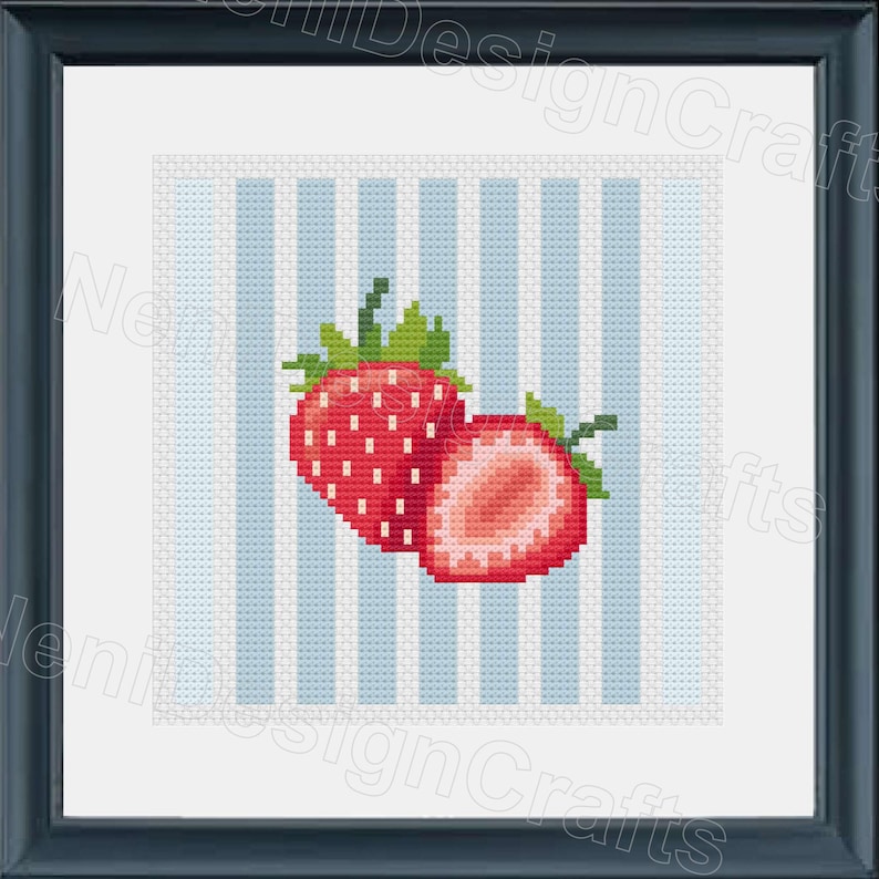 May include: Cross-stitch artwork featuring two red strawberries with green leaves against a light blue and white striped background. The strawberries are detailed with white seed accents, framed in a black square.