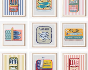Sardines Bundle Cross Stitch, Modern Art Sardine, Set of 9 Modern design, Fish Can (PDF pattern)