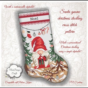 Santa gnome Christmas stocking Cross stitch pattern Personalized Christmas gift Customizable names DIY personal gift Santa Holiday Cute