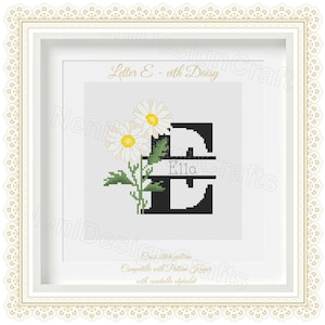Letra E con margarita Patrón de punto de cruz Nombres personalizables Patrón contable Nombre del alfabeto Punto de cruz Decoración del hogar Regalos florales personales